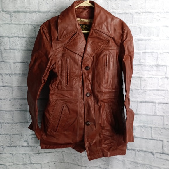 Vintage 70s Brown Leather Car Coat Mens 38 Plaid Lined Mid Length Jacket